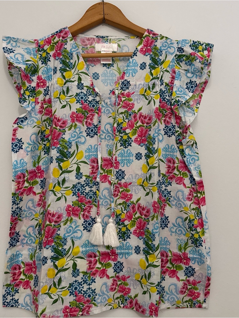 Sleeveless Floral Tassel Blouse - White with Pink & Blue Summer Coastal Cotton